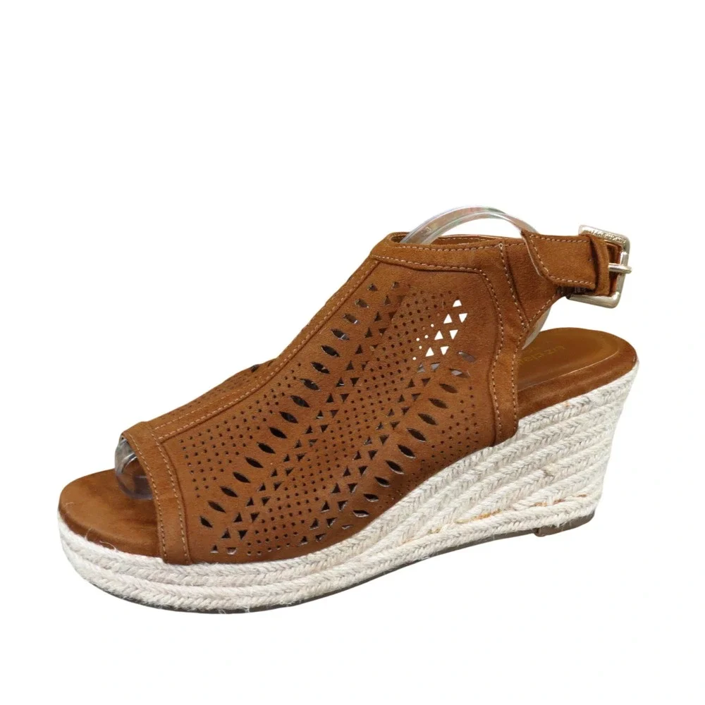 Liz Claiborne Hanalei Womens Wedge Sandal Sz 6.5 Espadrille Cognac Brown Textile